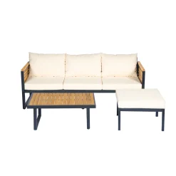 Outdoor Patio 3-piece Acacia Wood and Metal Sofa Set