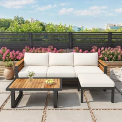 Outdoor Patio 3-piece Acacia Wood and Metal Sofa Set