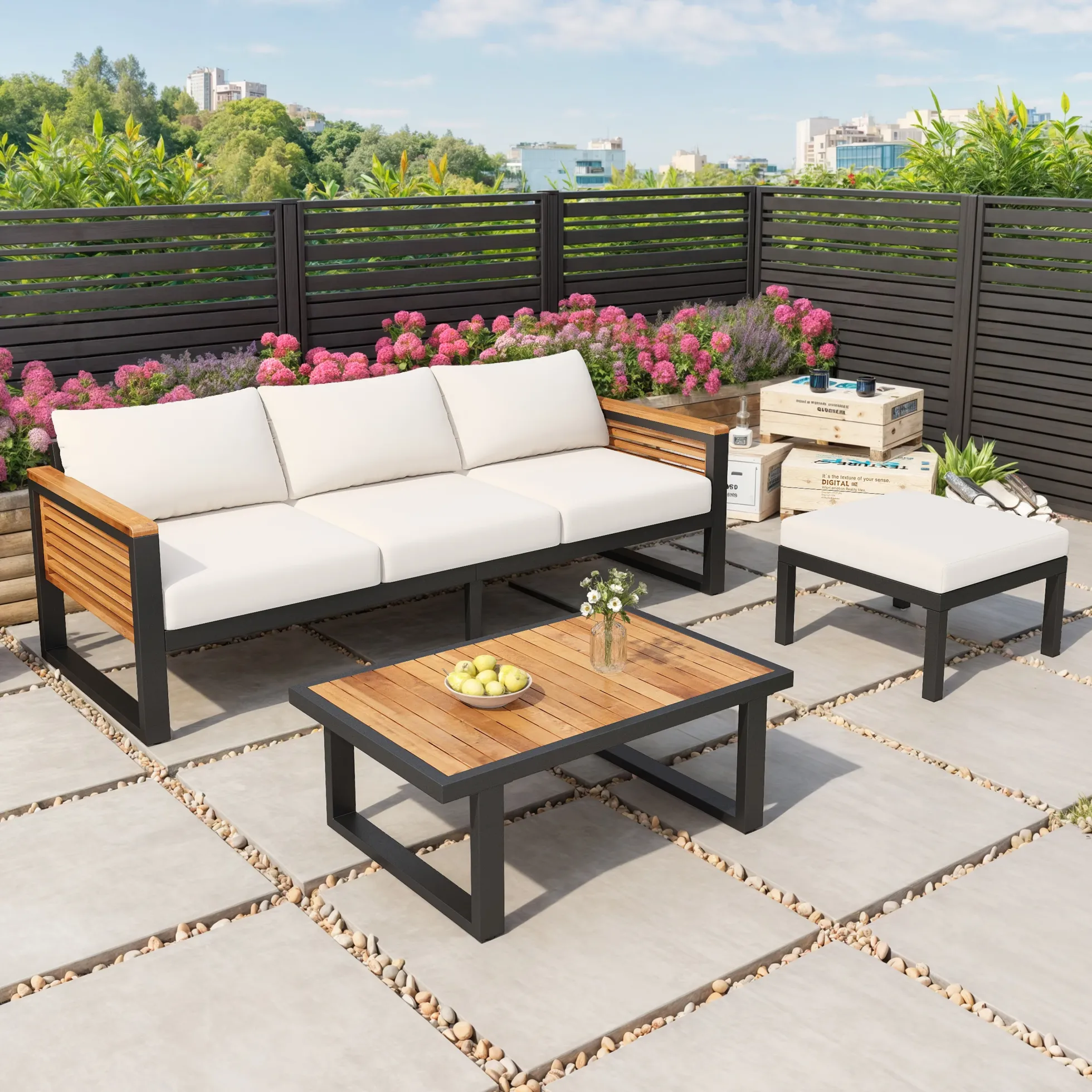 Outdoor Patio 3-piece Acacia Wood and Metal Sofa Set