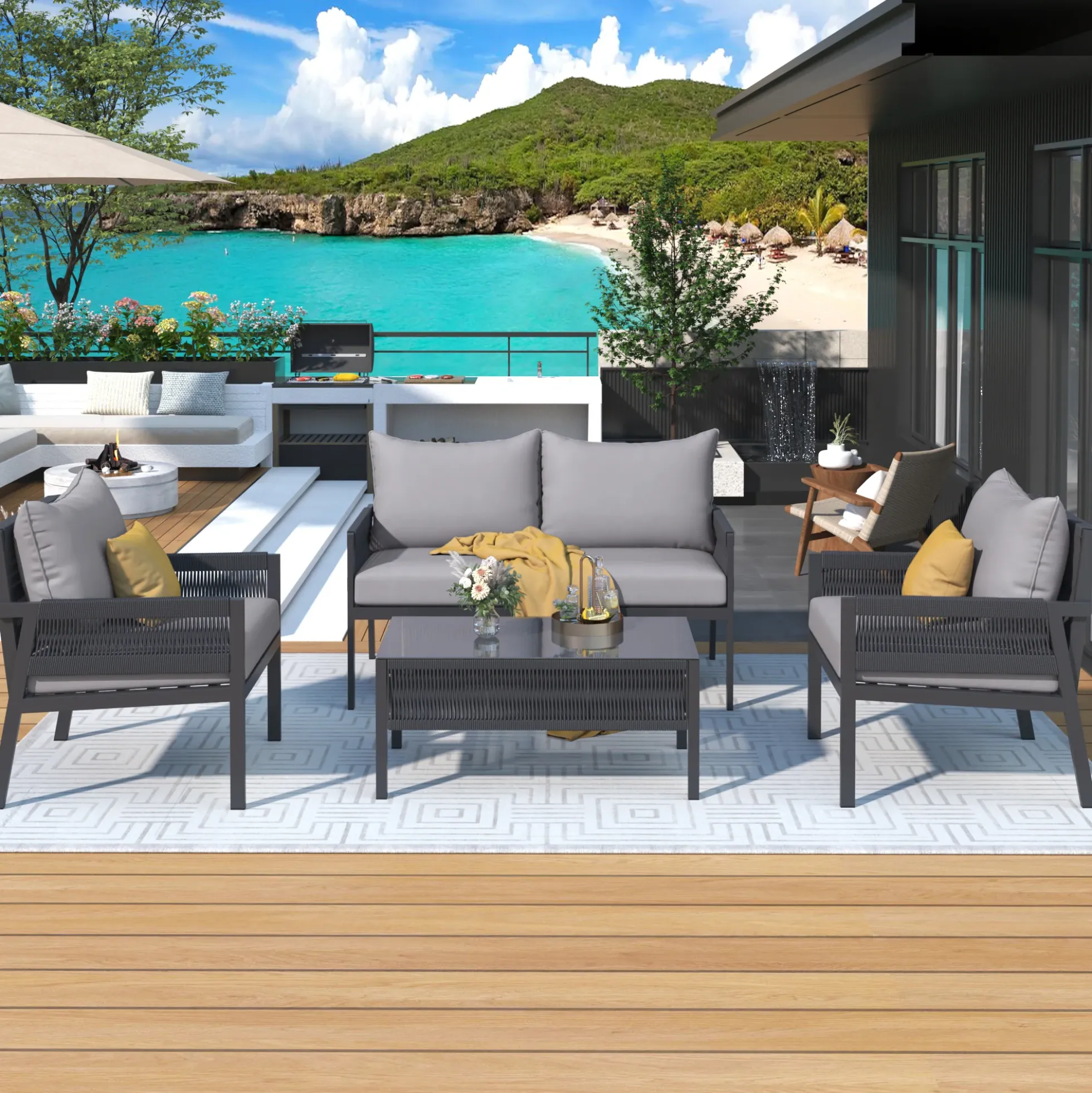 Outdoor Patio 4-Piece Rope Patio Furniture Set with Coffee Table