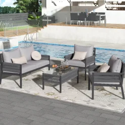 Outdoor Patio 4-Piece Rope Patio Furniture Set with Coffee Table