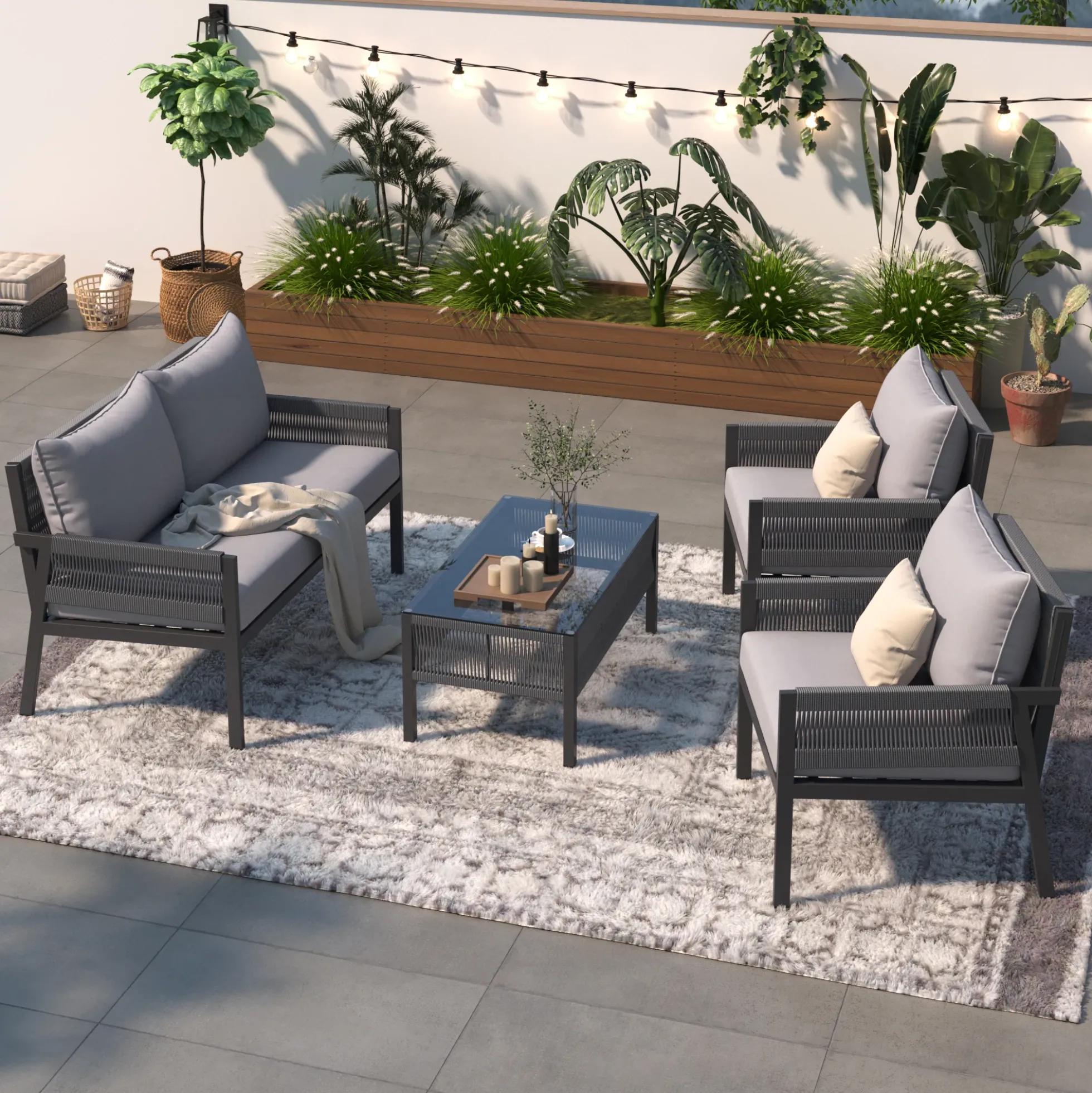 Outdoor Patio 4-Piece Rope Patio Furniture Set with Coffee Table