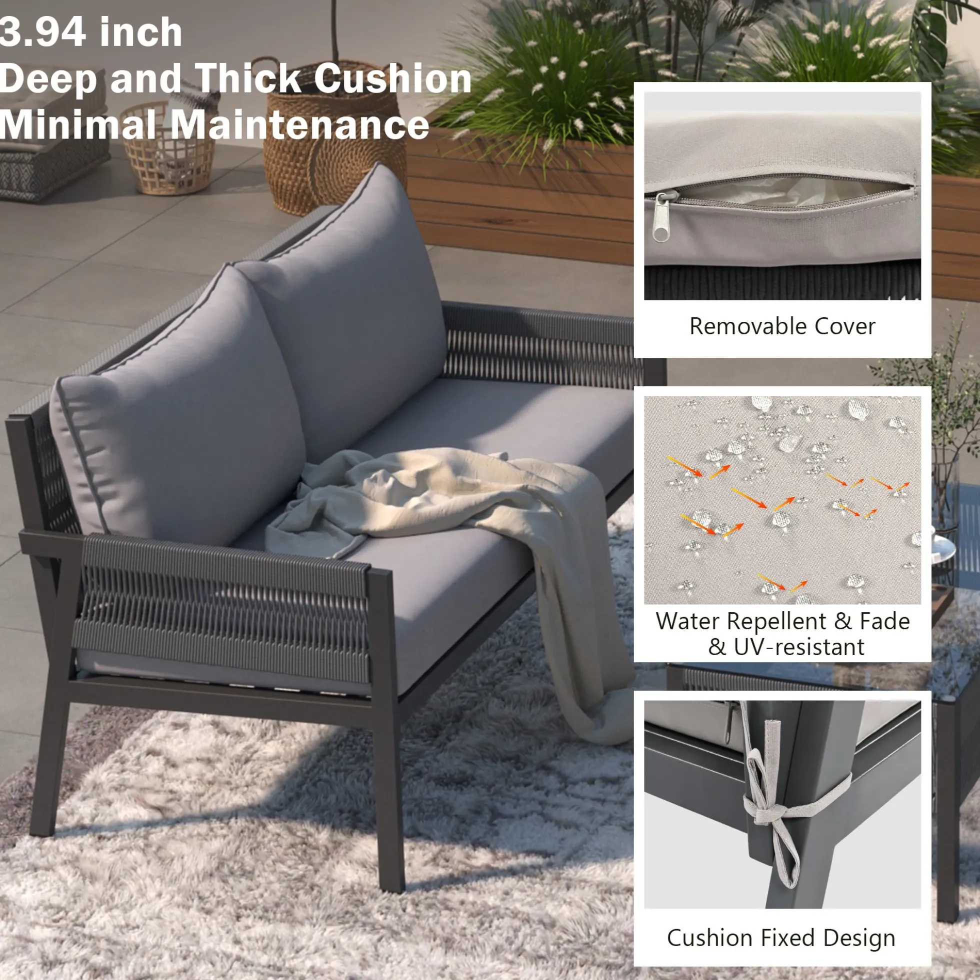 Outdoor Patio 4-Piece Rope Patio Furniture Set with Coffee Table
