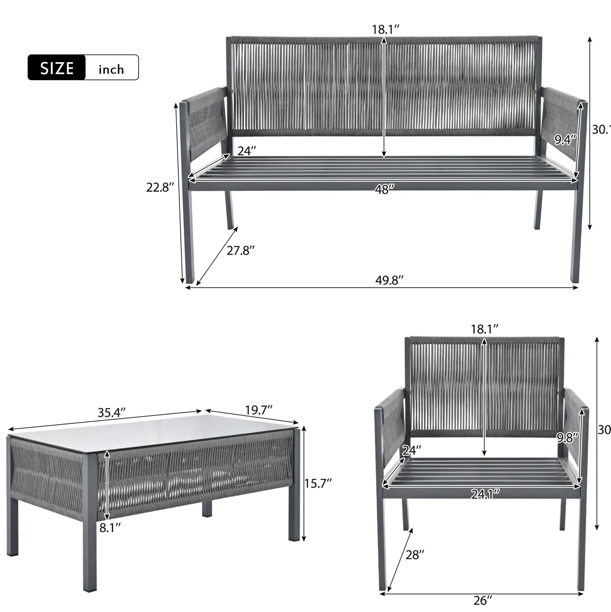 Outdoor Patio 4-Piece Rope Patio Furniture Set with Coffee Table