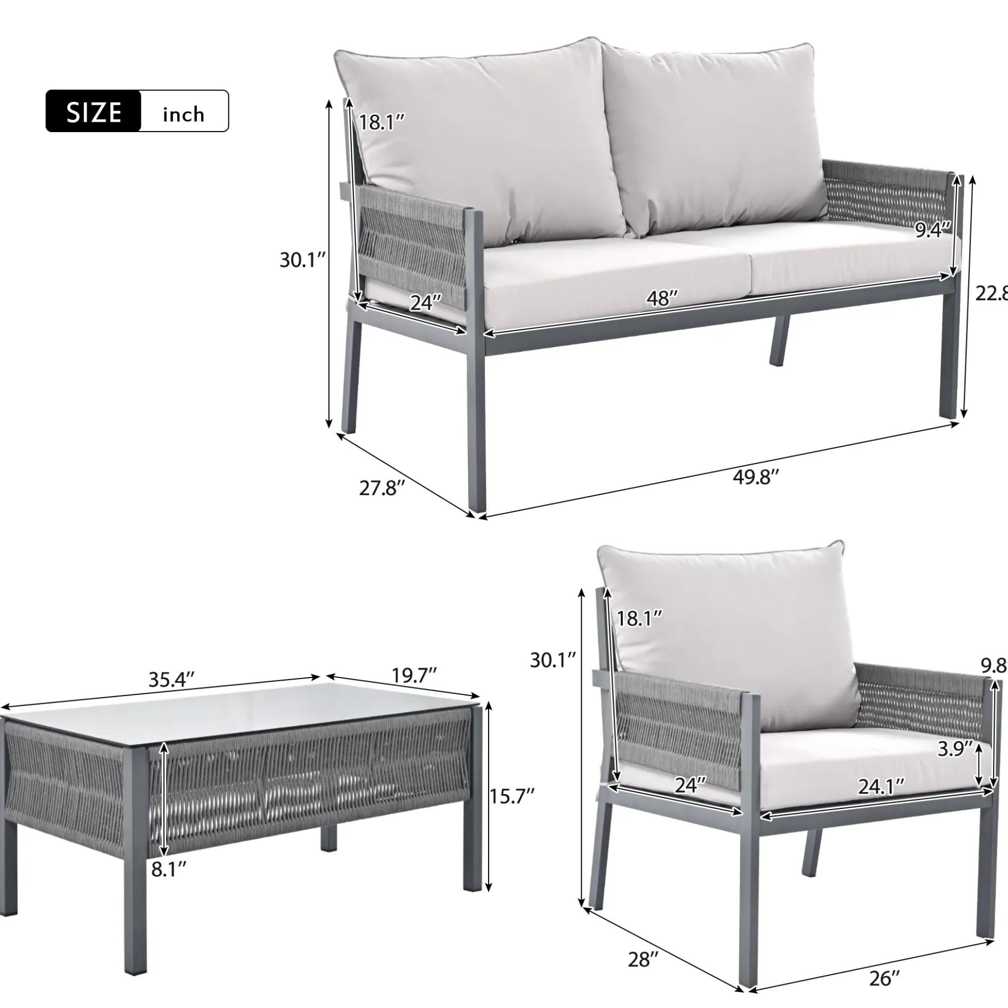 Outdoor Patio 4-Piece Rope Patio Furniture Set with Coffee Table