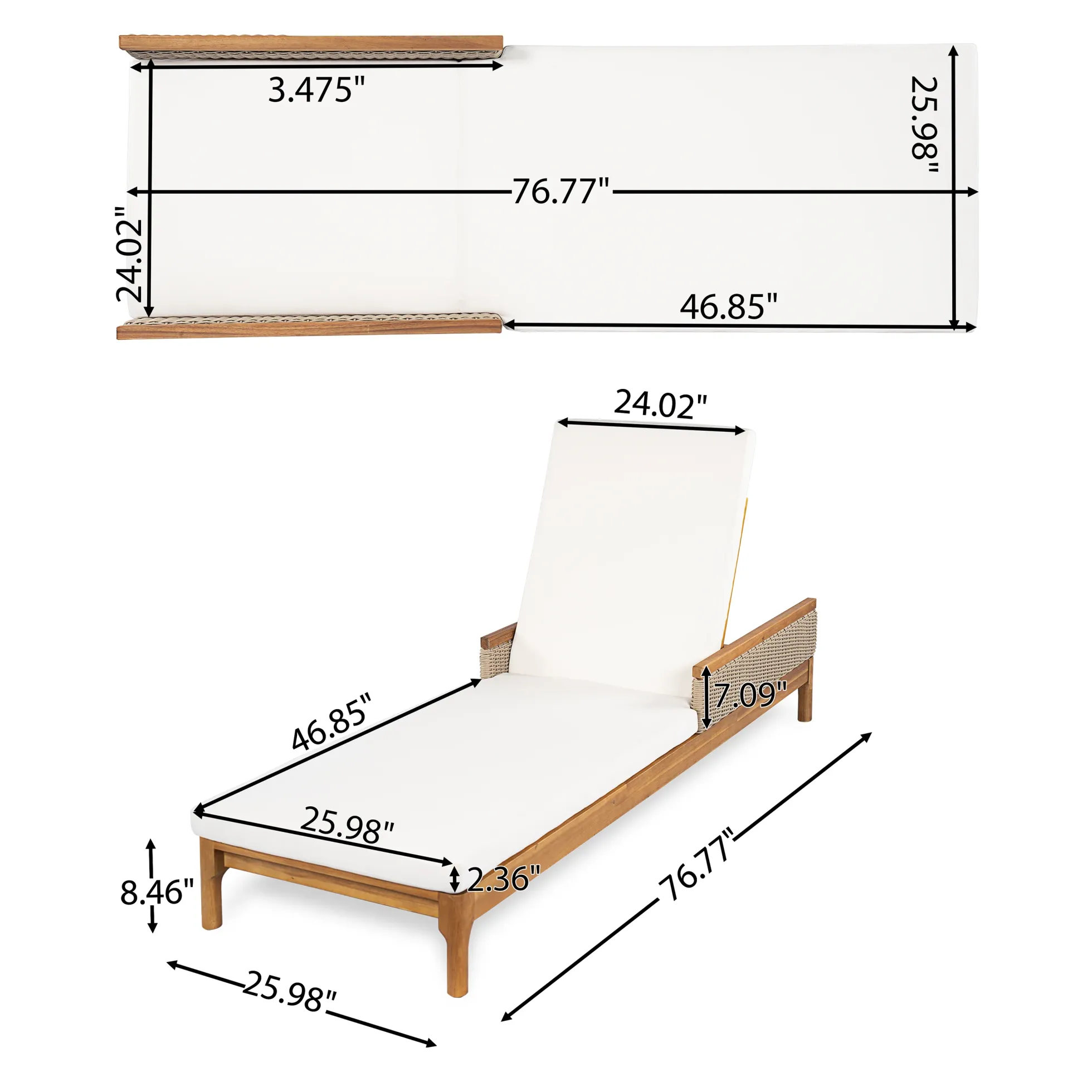 Outdoor Patio Solid Acacia Wood Sun Lounger with Cushions
