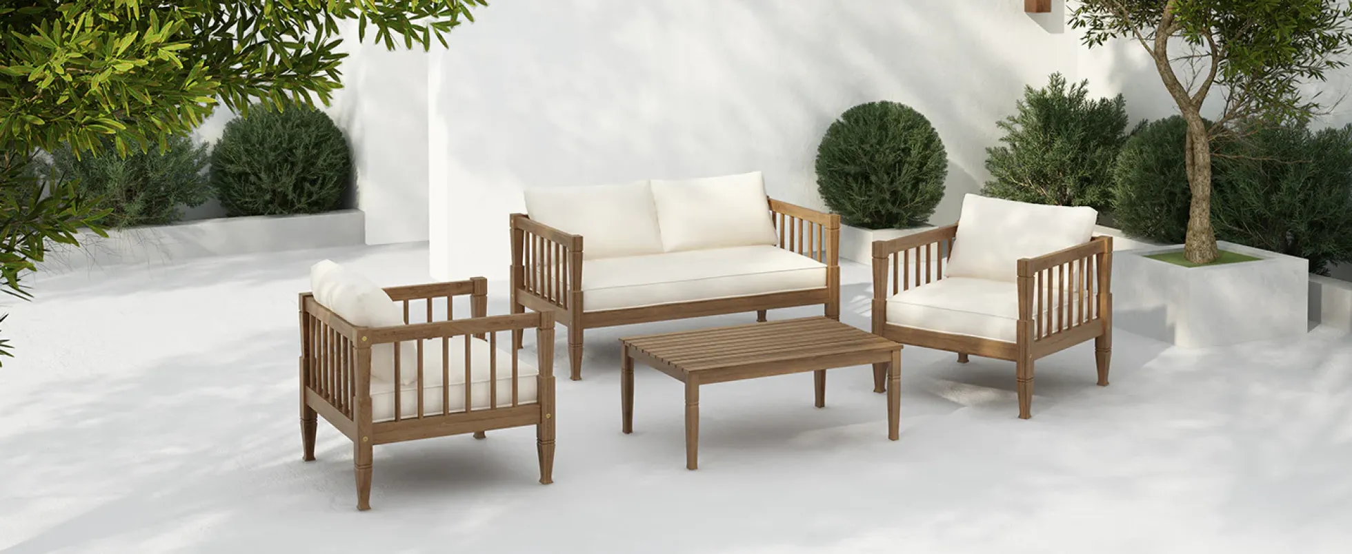 Outdoor Patio Wood 4-Piece Furniture Set with Coffee Table & Cushions