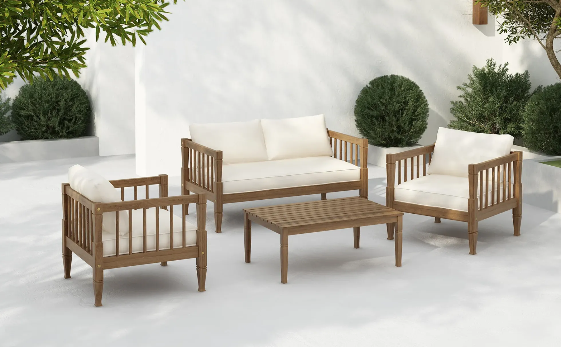 Outdoor Patio Wood 4-Piece Furniture Set with Coffee Table & Cushions