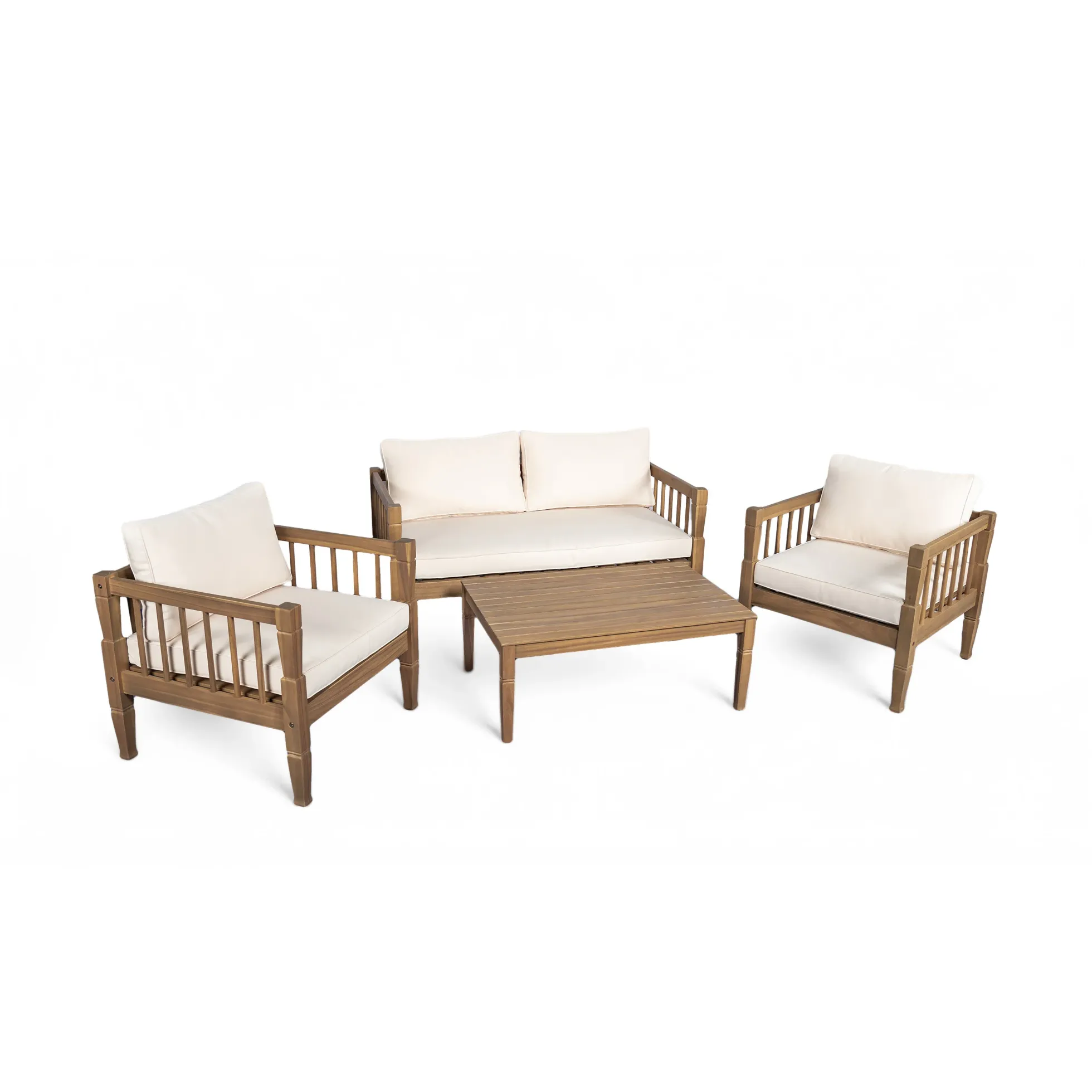 Outdoor Patio Wood 4-Piece Furniture Set with Coffee Table & Cushions