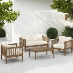 Outdoor Patio Wood 4-Piece Furniture Set with Coffee Table & Cushions