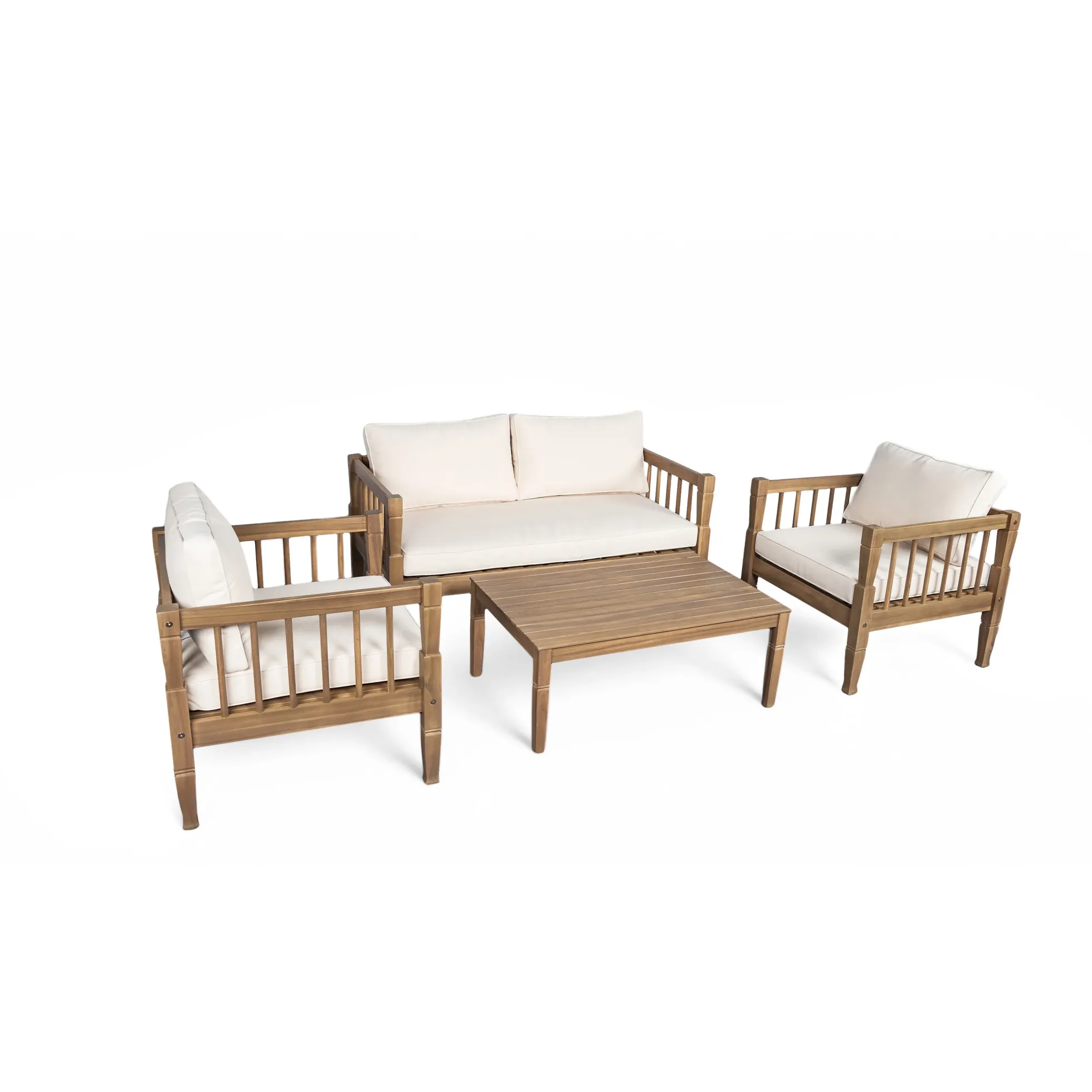 Outdoor Patio Wood 4-Piece Furniture Set with Coffee Table & Cushions