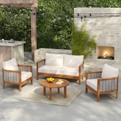 Outdoor Patio Woven Rope Tub Design 4 Seat Sofa Set with Soft Cushions & Table