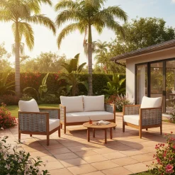 Outdoor Patio Woven Rope Tub Design 4 Seat Sofa Set with Soft Cushions & Table