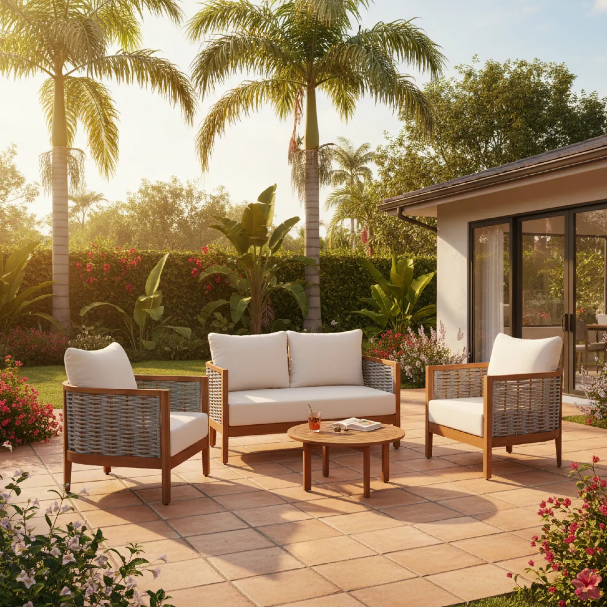 Outdoor Patio Woven Rope Tub Design 4 Seat Sofa Set with Soft Cushions & Table