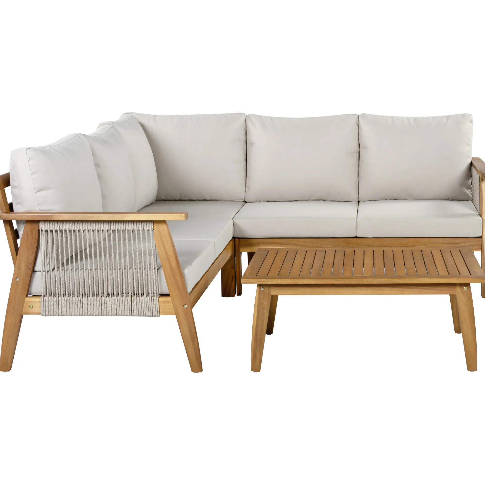 Outdoor 4pc Acacia Wood and Rope Sectional Patio Corner Set