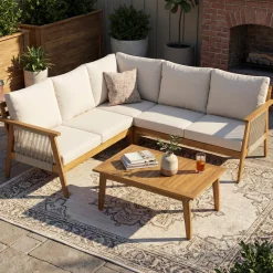 Outdoor 4pc Acacia Wood and Rope Sectional Patio Corner Set