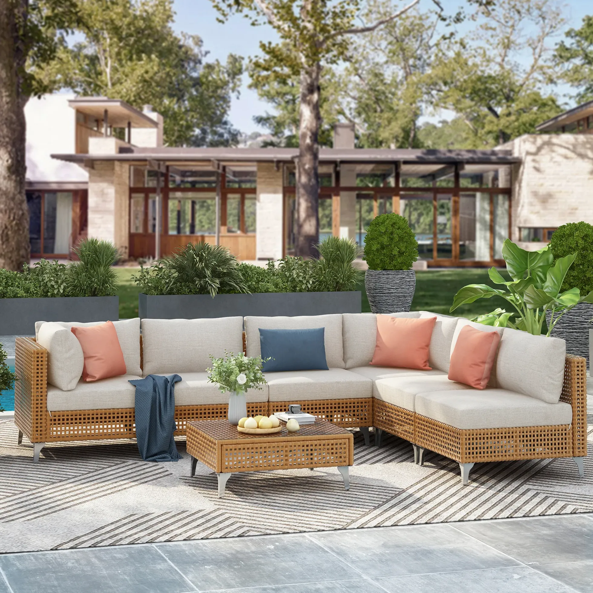 Outdoor 7-Piece Wicker Conversation Sectional Sofa Set with Cushions and Coffee Table
