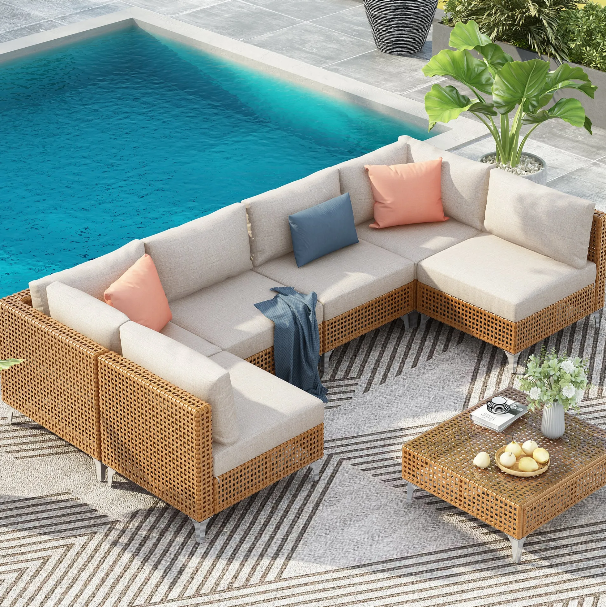 Outdoor 7-Piece Wicker Conversation Sectional Sofa Set with Cushions and Coffee Table