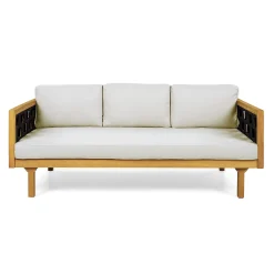 Outdoor Rope Detail Teak Wood 3 Seater Sofa Daybed Set with Light Grey Cushions & Table