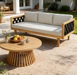 Outdoor Rope Detail Teak Wood 3 Seater Sofa Daybed Set with Light Grey Cushions & Table