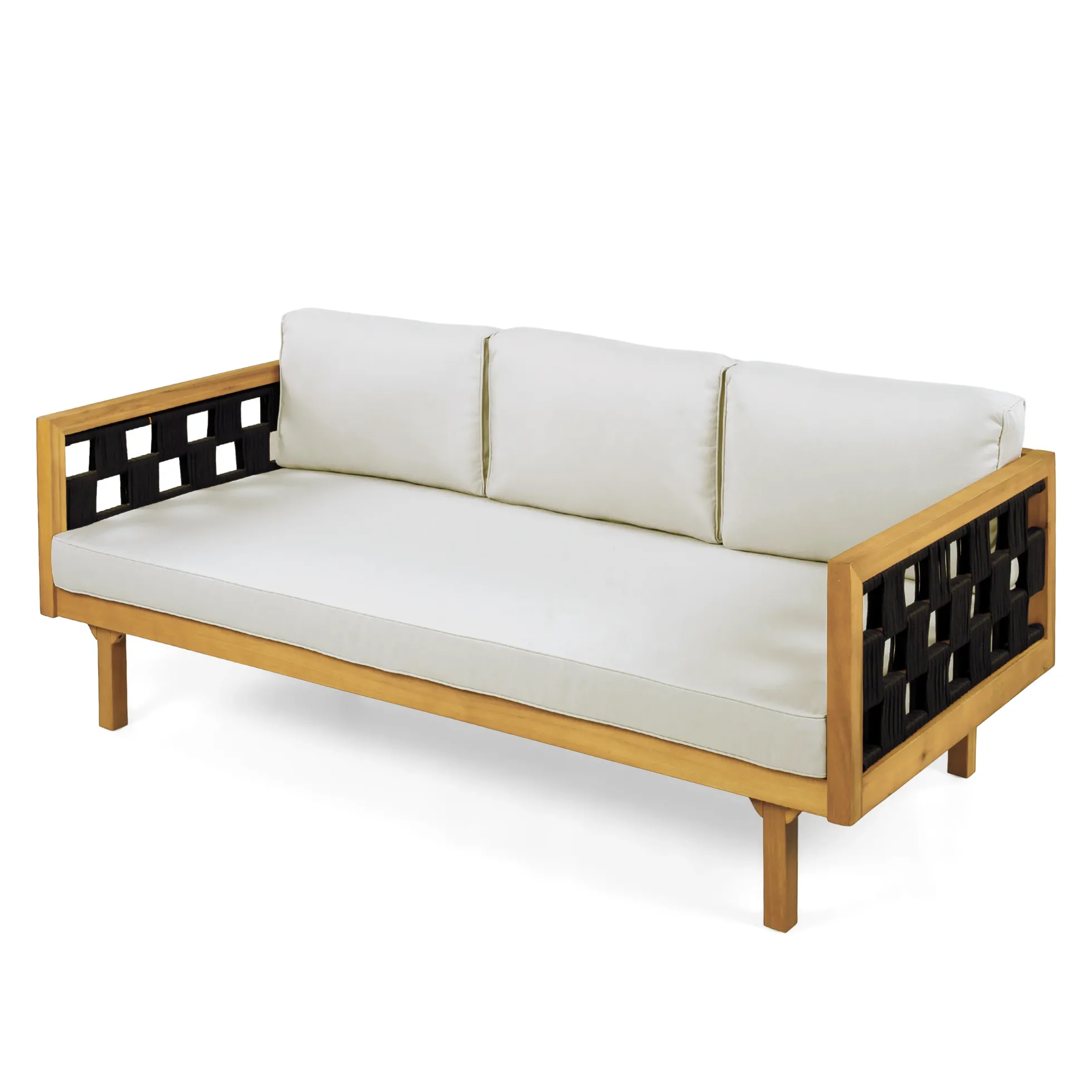 Outdoor Rope Detail Teak Wood 3 Seater Sofa Daybed Set with Light Grey Cushions & Table