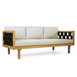 Outdoor Rope Detail Teak Wood 3 Seater Sofa Daybed Set with Light Grey Cushions & Table