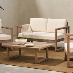 Outdoor Teak Wood Loveseat and Coffee Table Set with Cushions