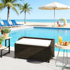 Outdoor Wicker Storage Bench with Cushion