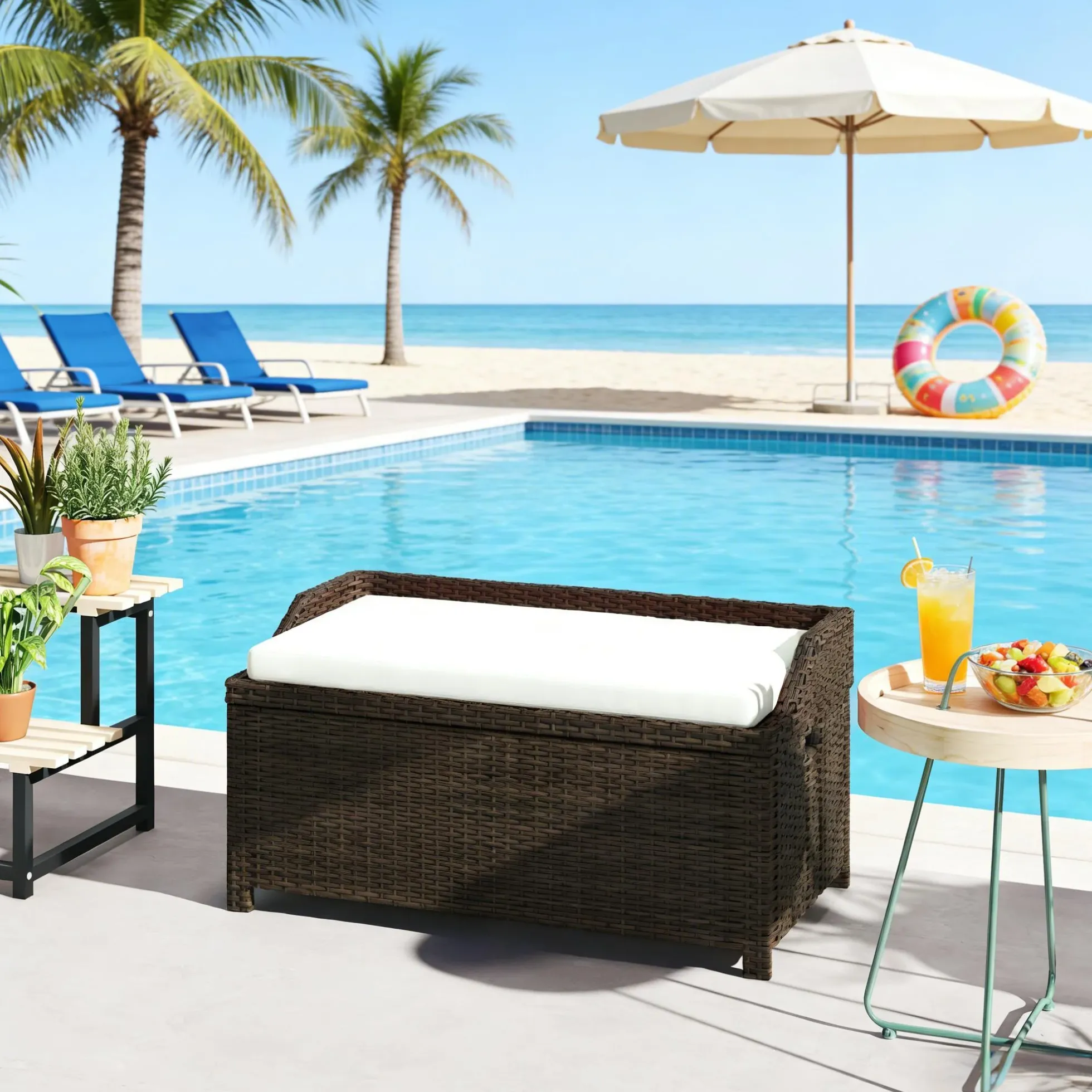 Outdoor Wicker Storage Bench with Cushion