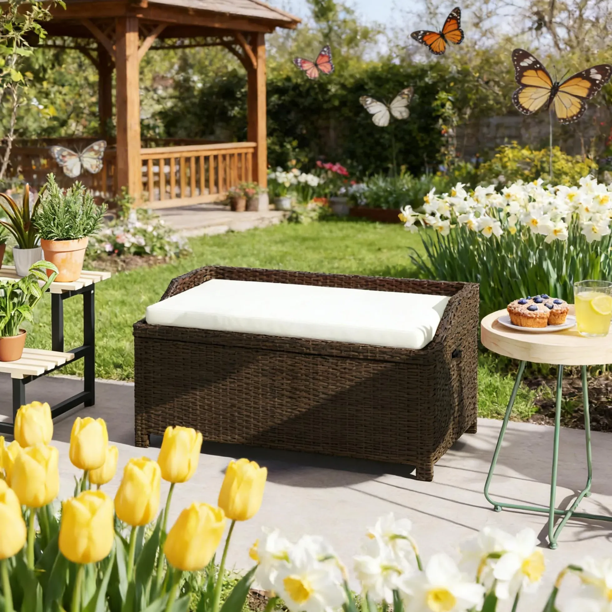 Outdoor Wicker Storage Bench with Cushion