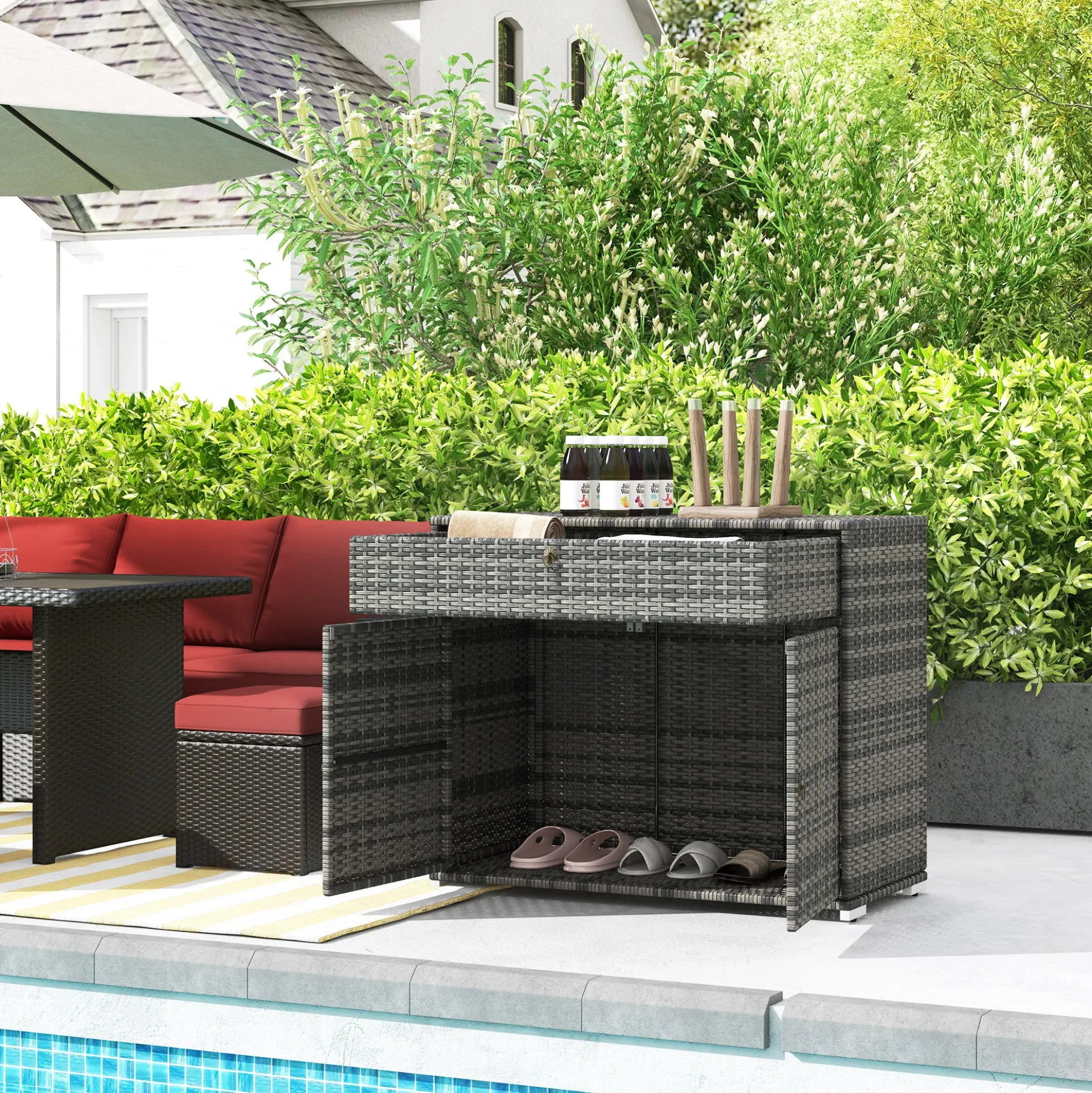 Outdoor Wicker Towel Rack Cabinet Storage with Drawer