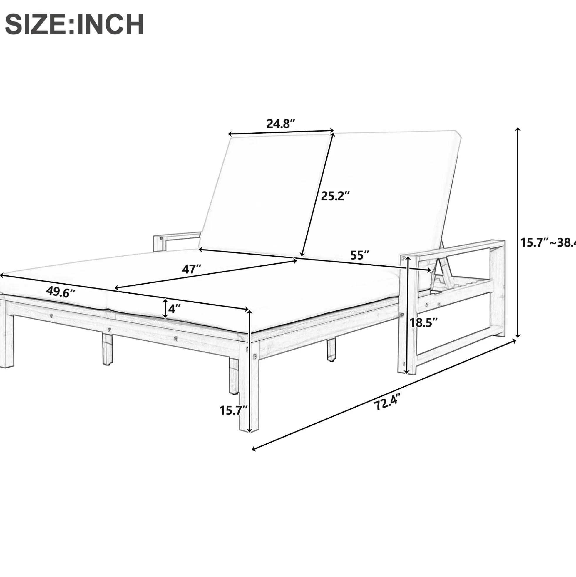 Outdoor Wide Double Lounge Chair with Adjustable Backrest with Removable Cushions