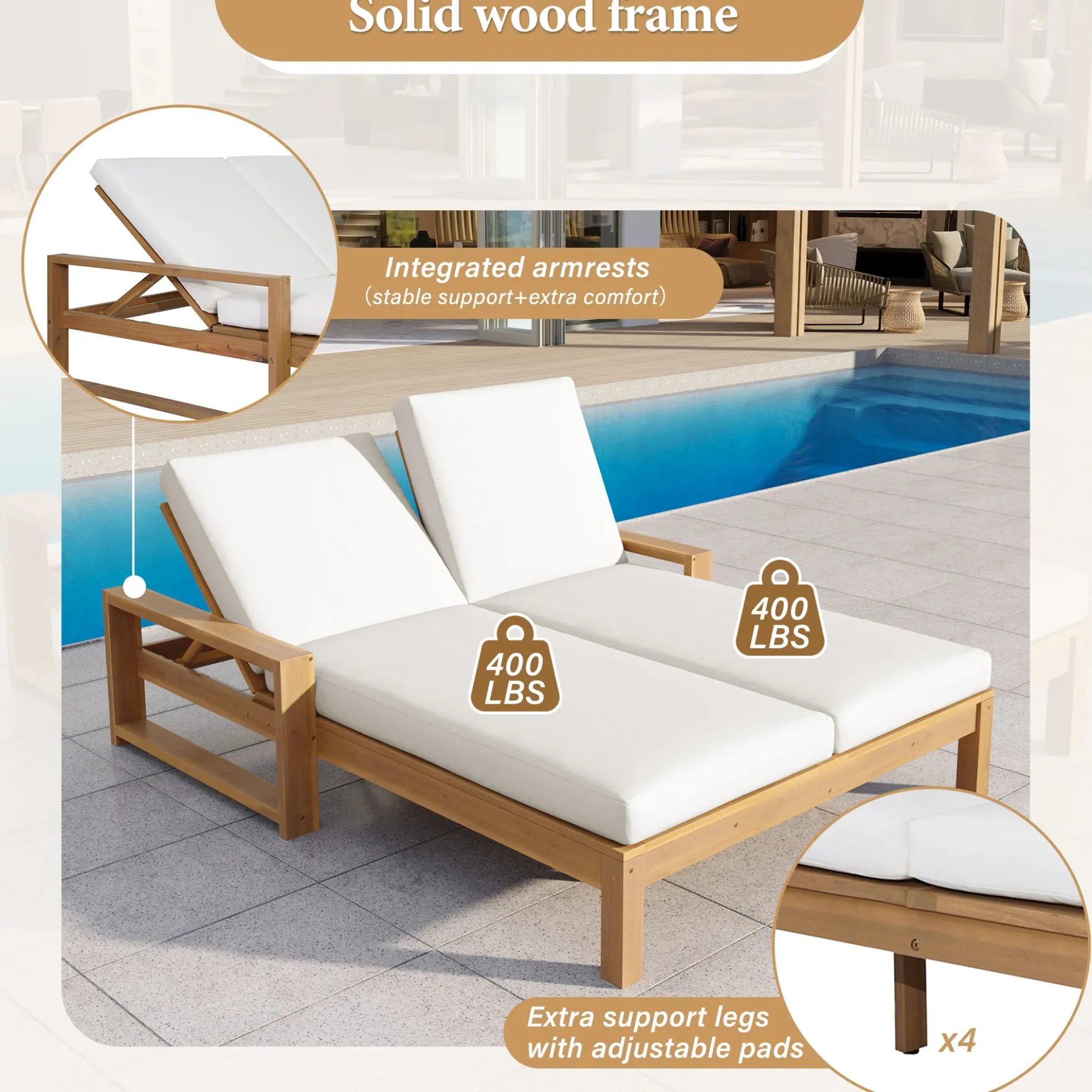 Outdoor Wide Double Lounge Chair with Adjustable Backrest with Removable Cushions