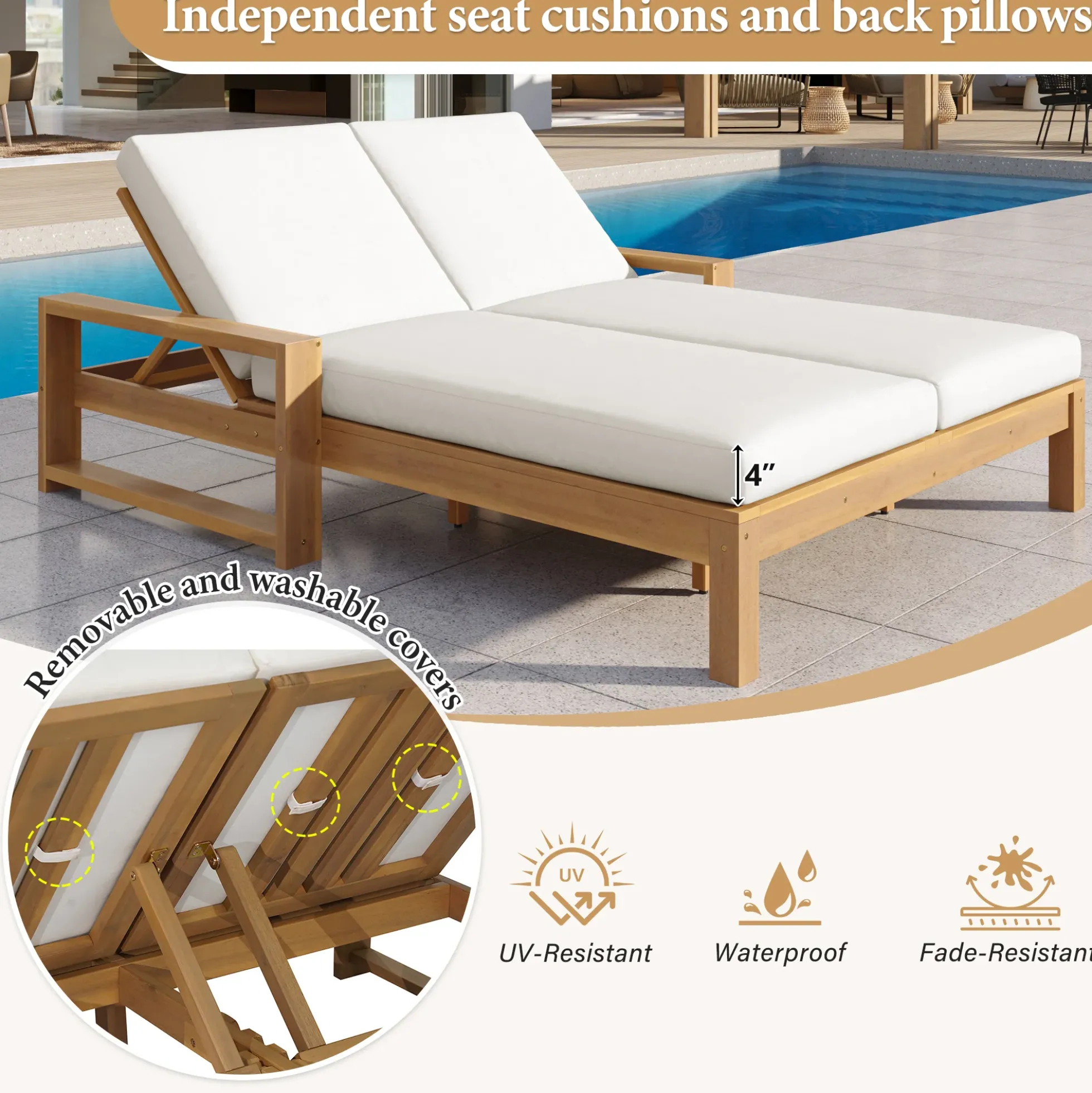 Outdoor Wide Double Lounge Chair with Adjustable Backrest with Removable Cushions