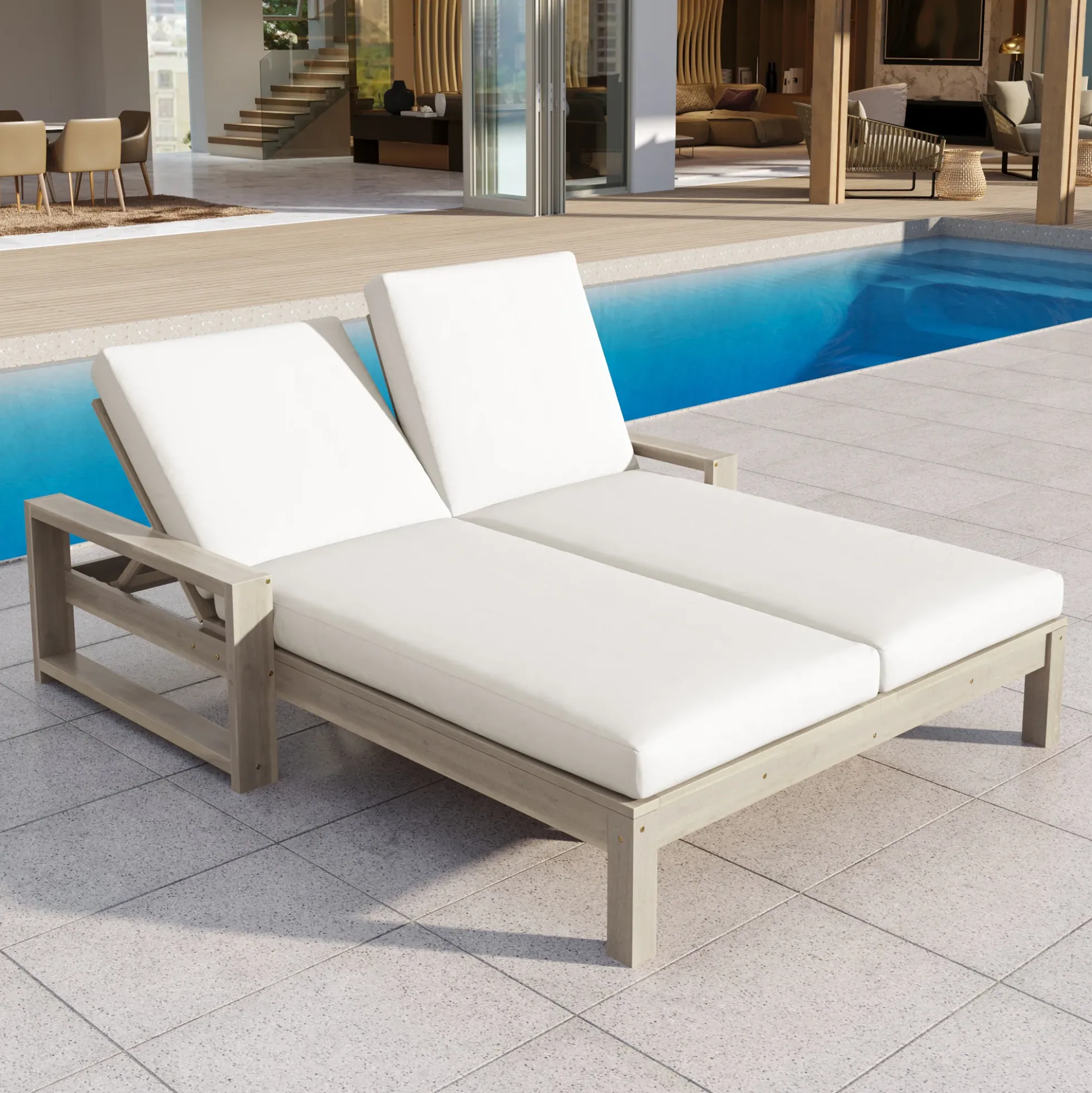 Outdoor Wide Double Lounge Chair with Adjustable Backrest with Removable Cushions