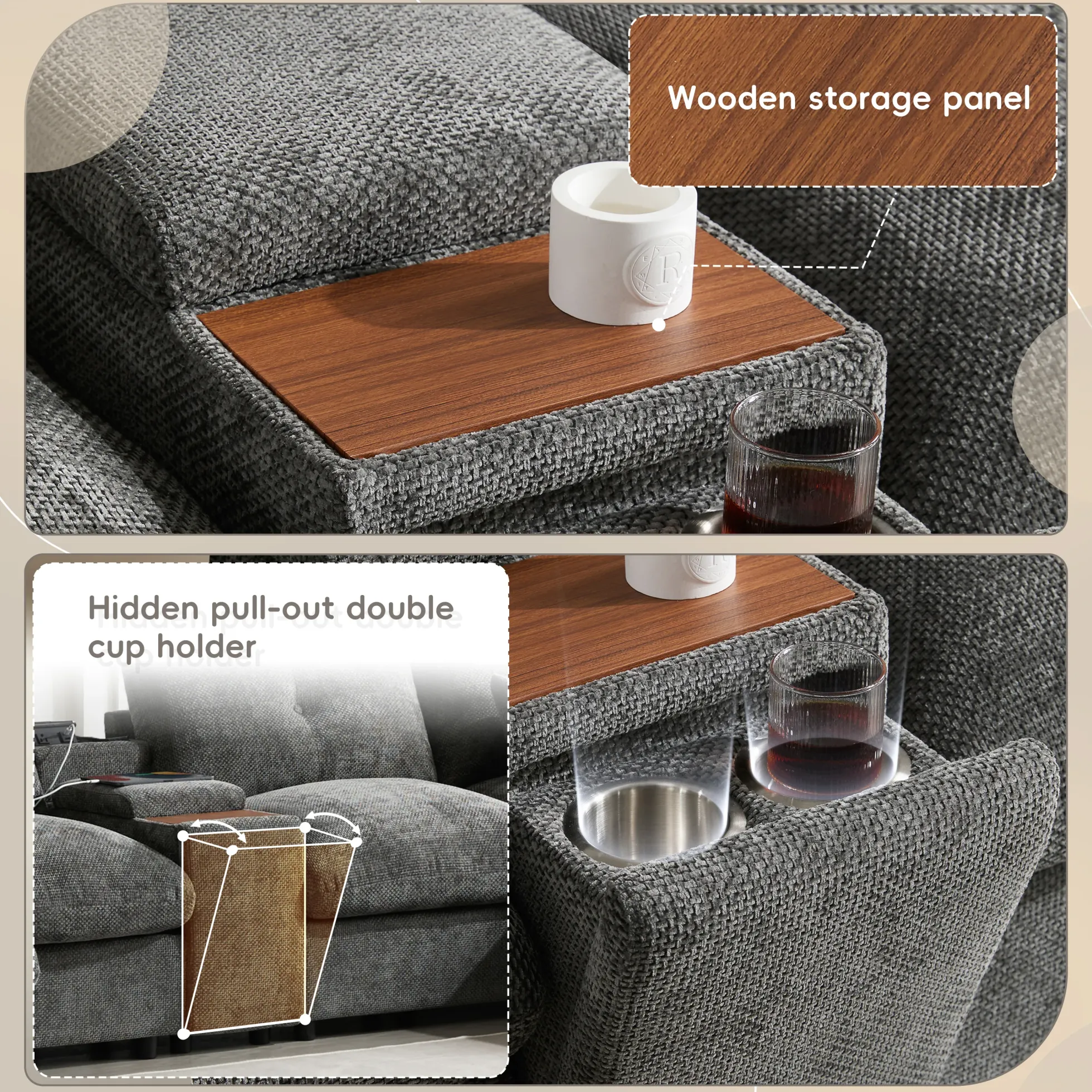 Oversized Chenille Modular Sectional Sofa with Console and Two Storage Ottomans
