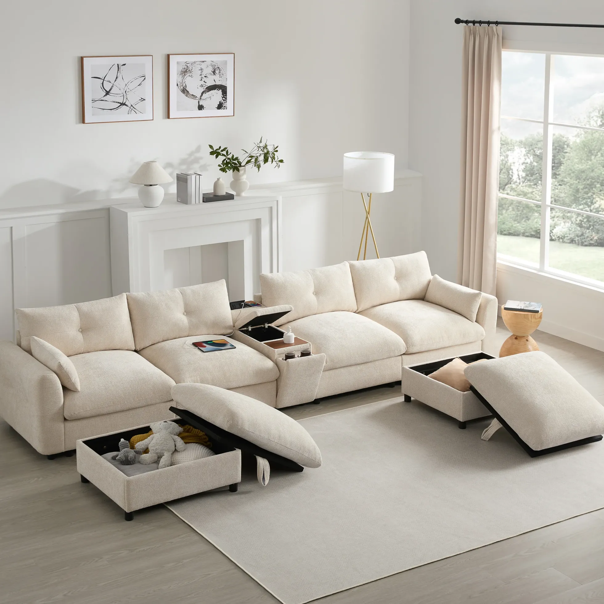Oversized Chenille Modular Sectional Sofa with Console and Two Storage Ottomans
