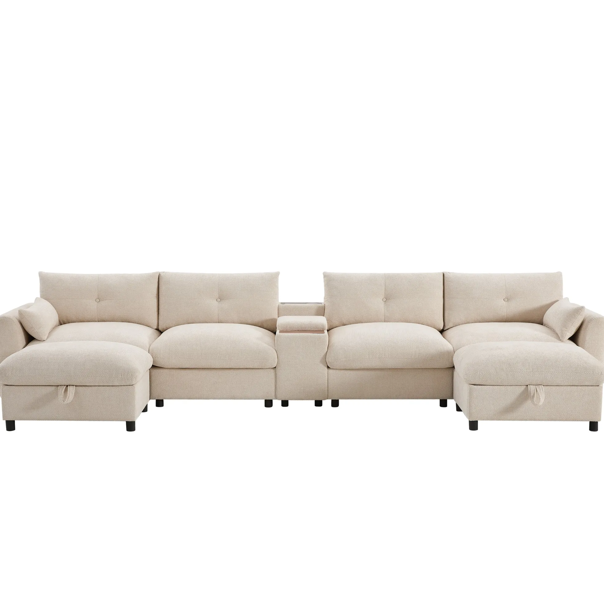 Oversized Chenille Modular Sectional Sofa with Console and Two Storage Ottomans