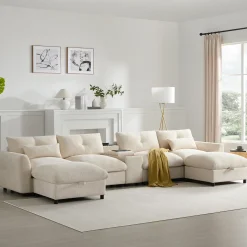 Oversized Chenille Modular Sectional Sofa with Console and Two Storage Ottomans