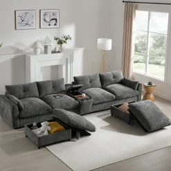 Oversized Chenille Modular Sectional Sofa with Console and Two Storage Ottomans