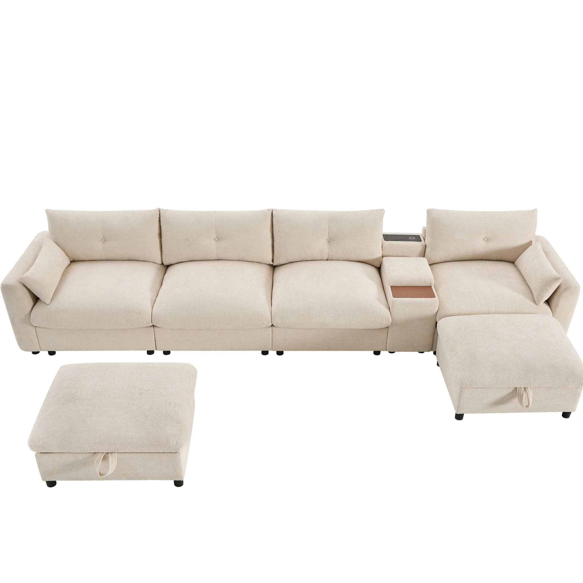 Oversized Chenille Modular Sectional Sofa with Console and Two Storage Ottomans