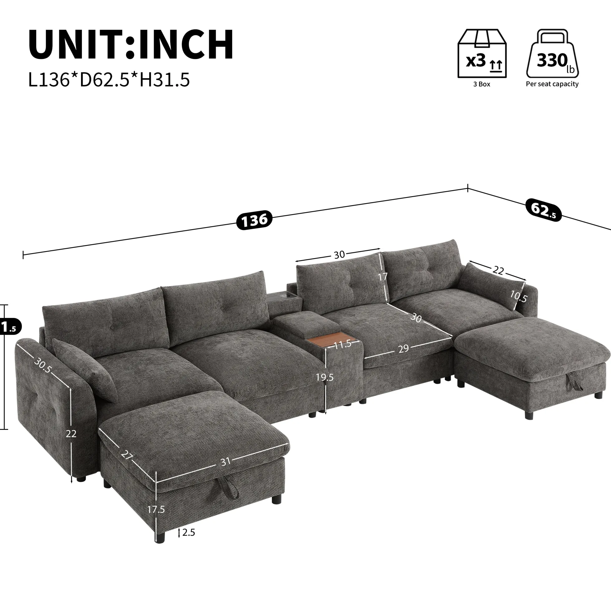 Oversized Chenille Modular Sectional Sofa with Console and Two Storage Ottomans