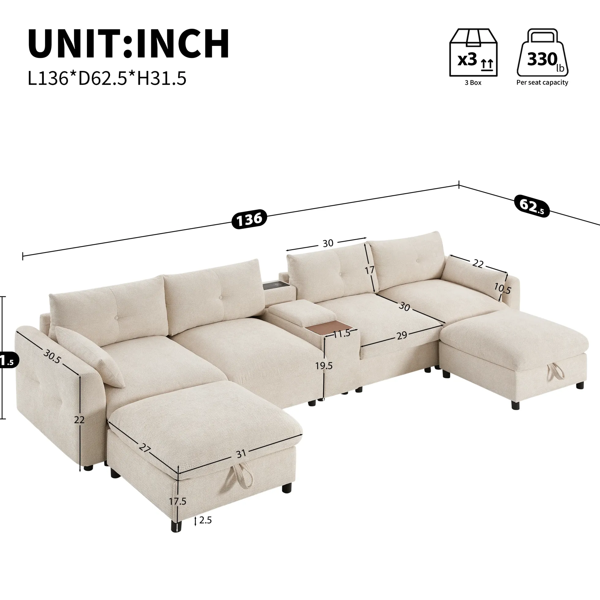 Oversized Chenille Modular Sectional Sofa with Console and Two Storage Ottomans