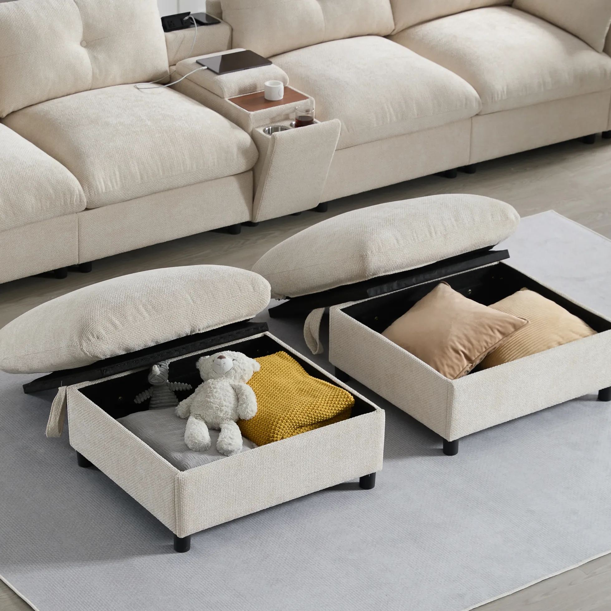 Oversized Chenille Modular Sectional Sofa with Console and Two Storage Ottomans