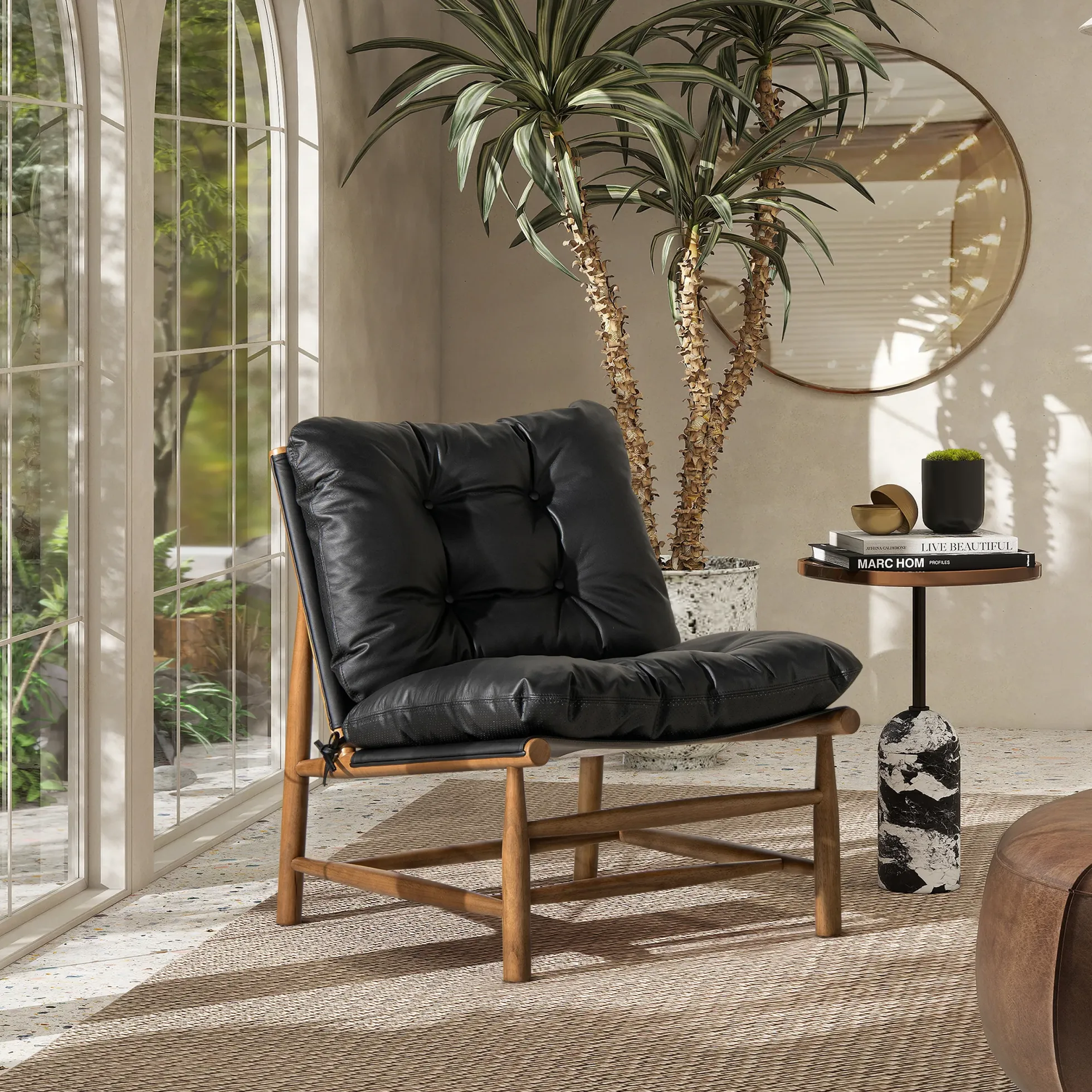 Oxford 26.5' Noir Black Leather Mid-Century Modern Accent Chair