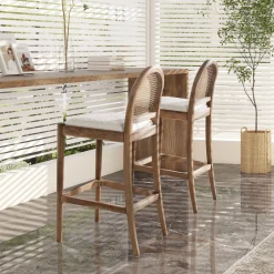 Panama Boucle 30.5' Curved Back Cane Rattan Bar Stool, Set of 2
