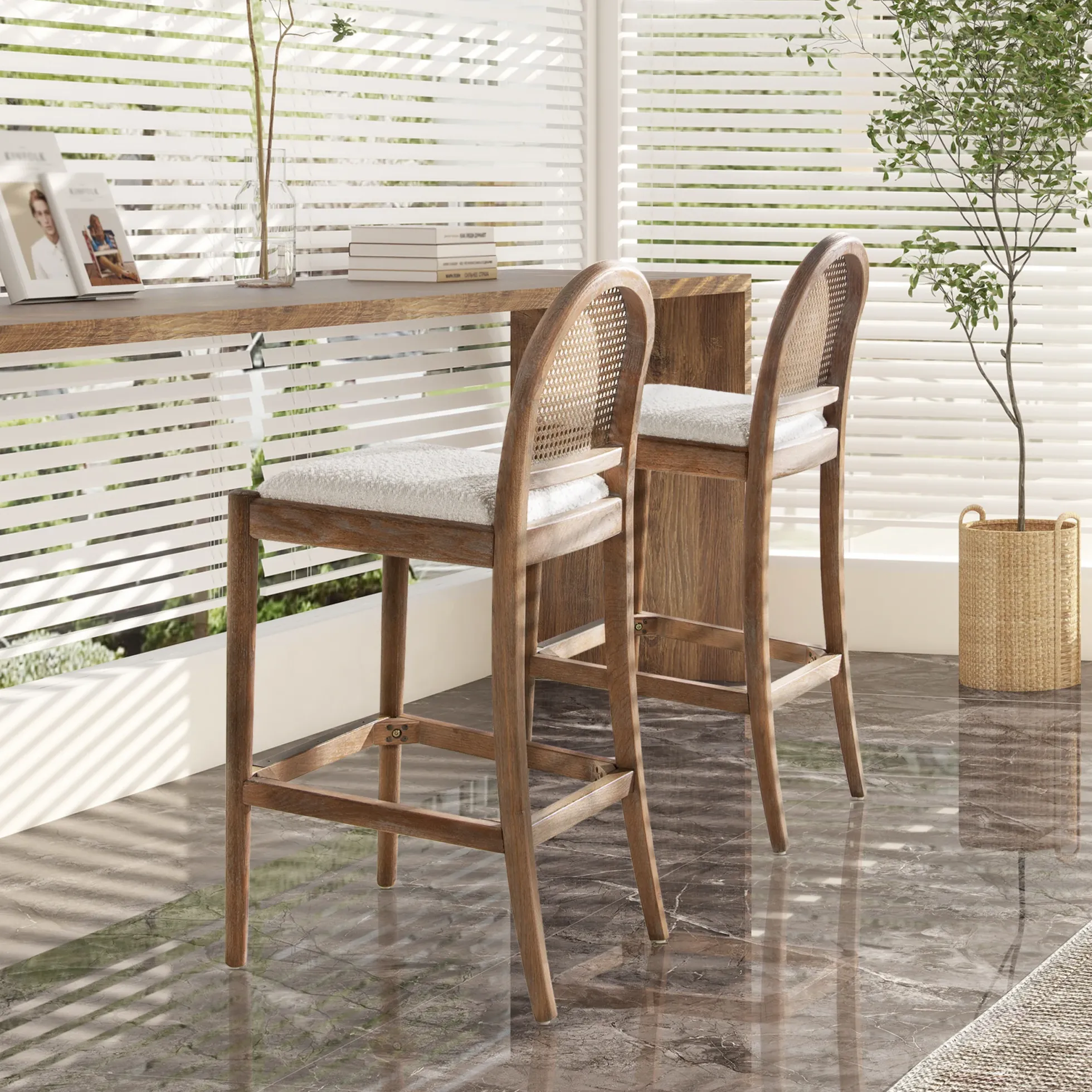 Panama Boucle 30.5' Curved Back Cane Rattan Bar Stool, Set of 2