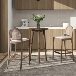 Panama Boucle 30.5' Curved Back Cane Rattan Bar Stool, Set of 2