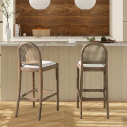 Panama Boucle 30.5' Curved Back Cane Rattan Bar Stool, Set of 2