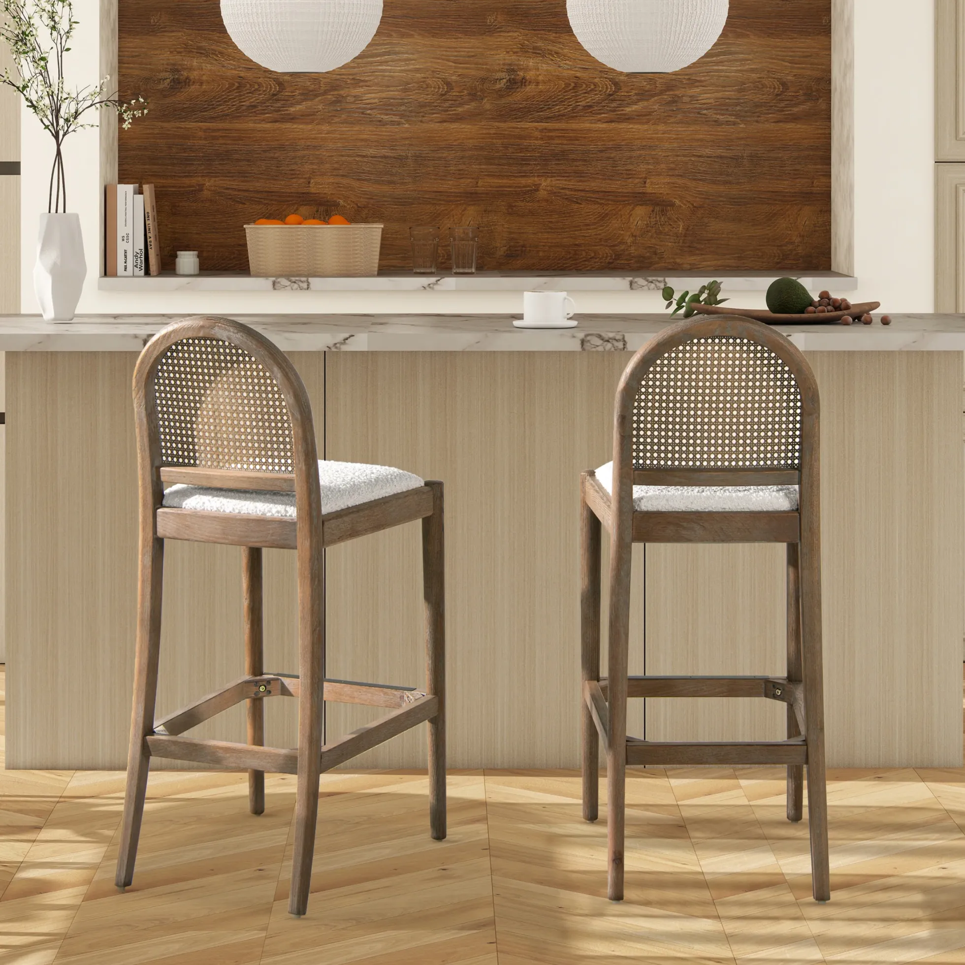 Panama Boucle 30.5' Curved Back Cane Rattan Bar Stool, Set of 2